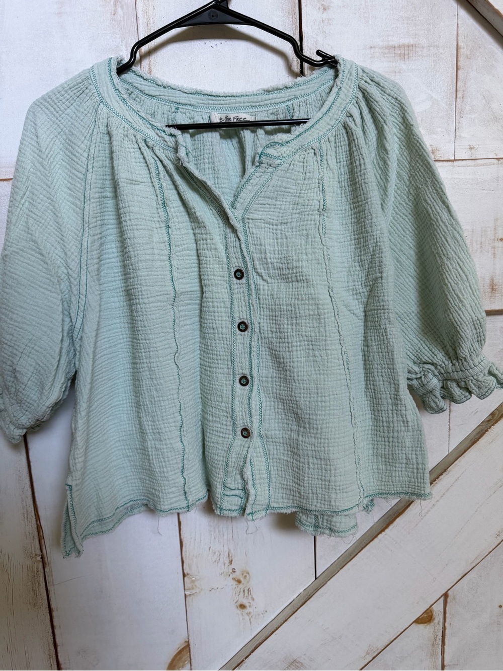 We The Free Green Button-Front Cotton Gauze Top